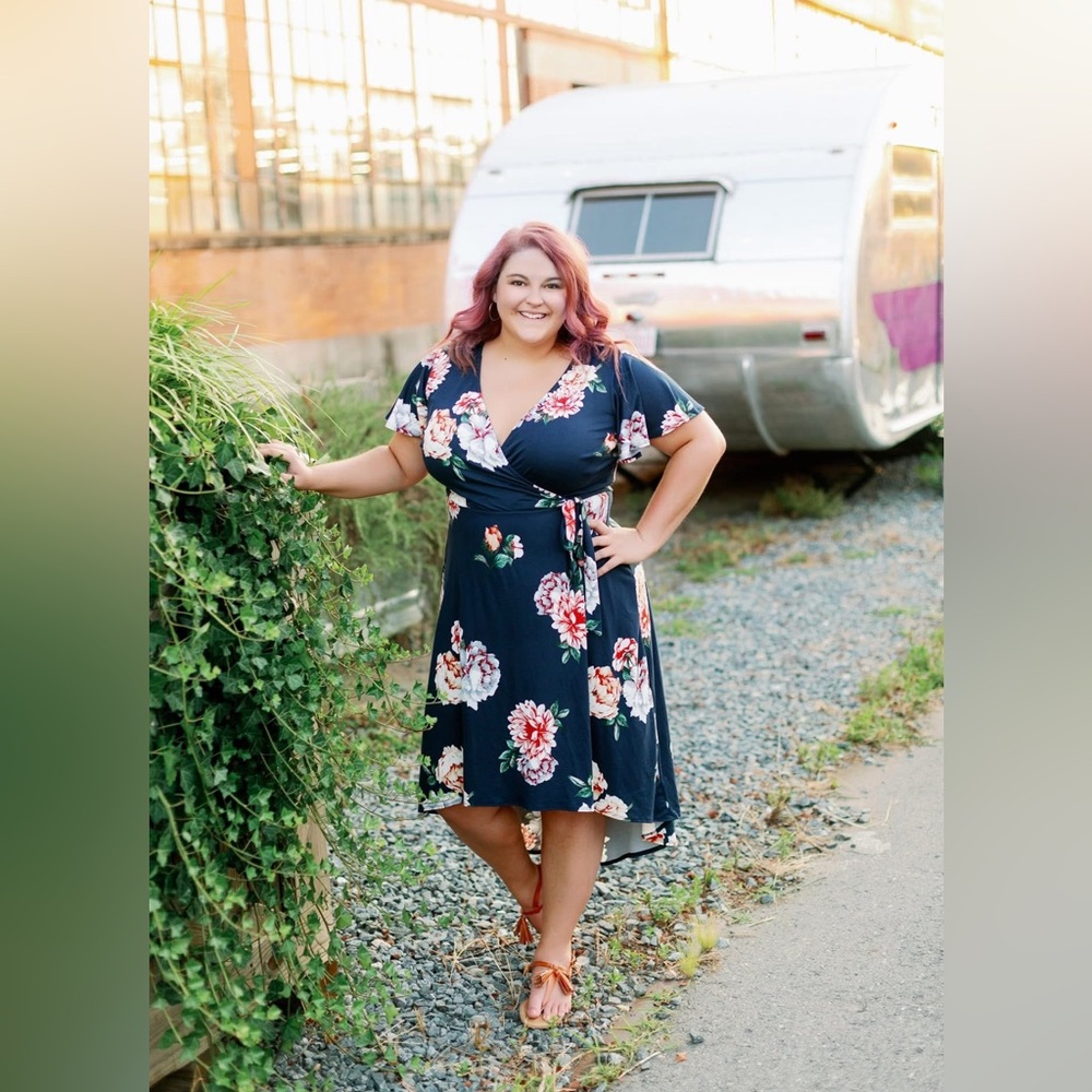 Navy Blue Floral High-Low dress with V-Neck